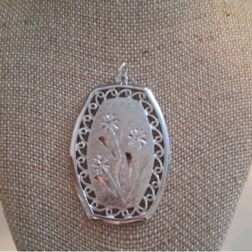 Vintage Silver Tone Etched Floral Design Open Work Pendant Only